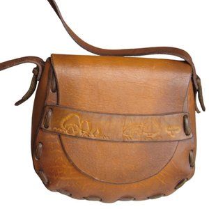 Vintage 1970s Hand Made Saddle Leather Hippie Shoulder Bag Embossed Mushrooms